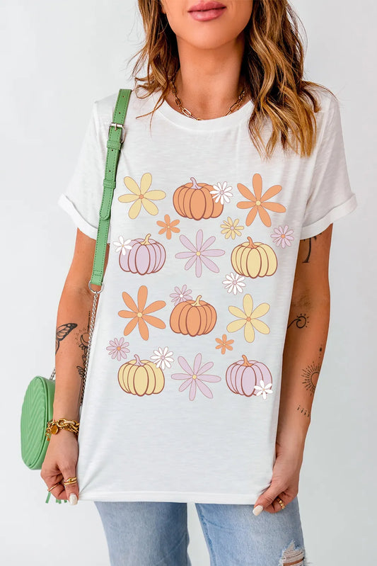 Pumpkin and Flower Round Neck T-Shirt - White