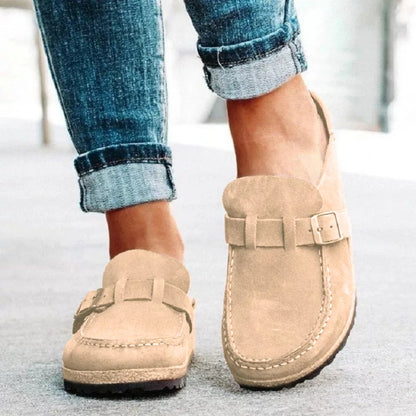 Round Toe Low Heel Buckle Loafers - Tan