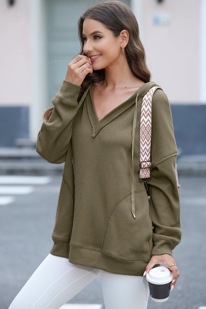 Exposed Seam V-Neck Drawstring Hoodie - Matcha Green