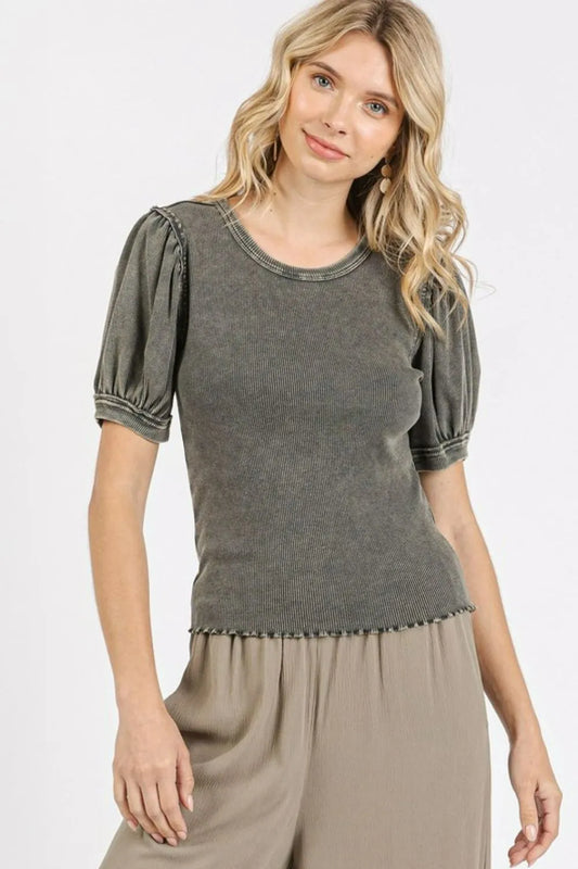 Puff Sleeve Rib Knit Top - Charcoal