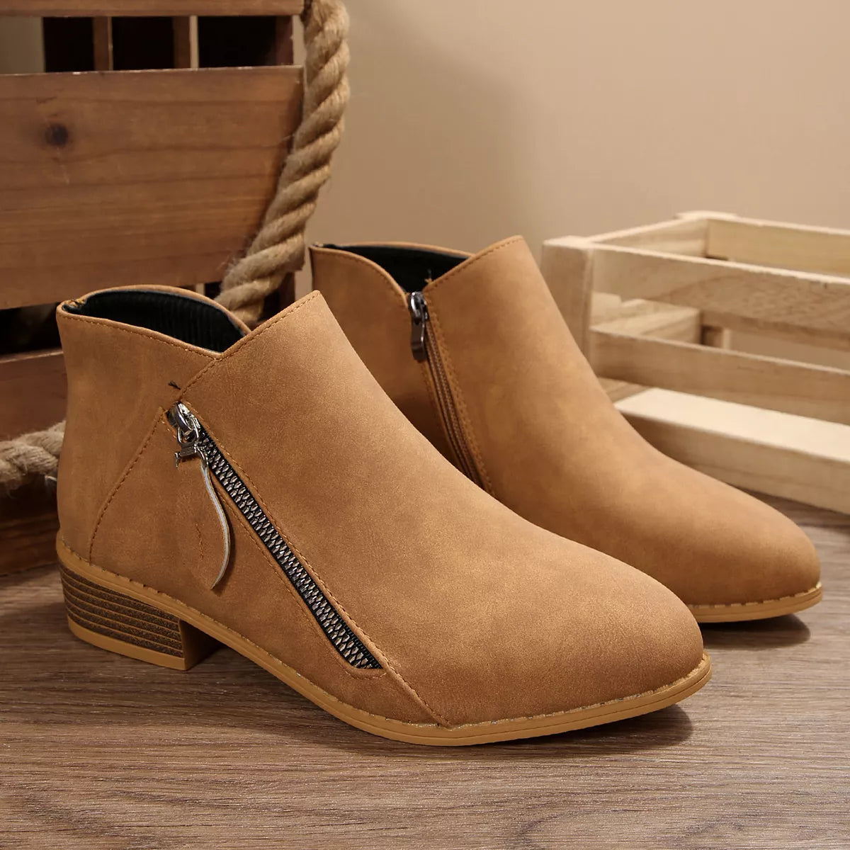 Block Heels Ankle Boots - Caramel