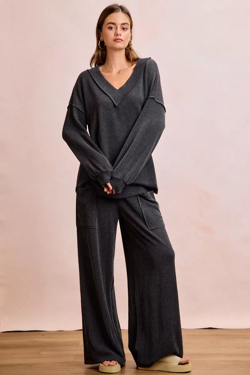 Two Tone Cord Rib V-Neck Top and Pants Set -