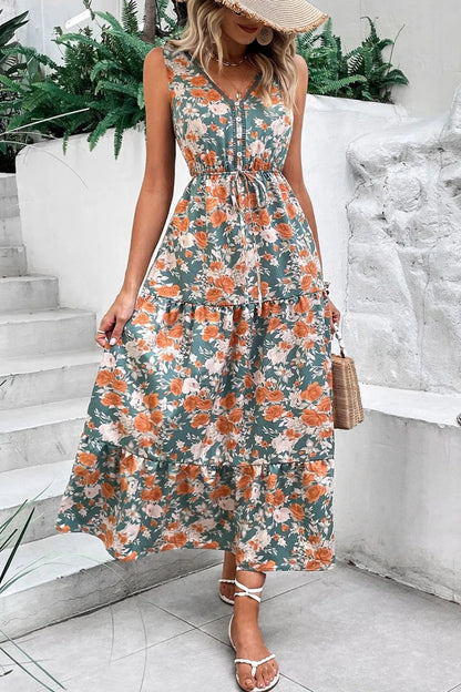 Floral Print Trimmed V-Neck Tie Waist Dress - Multicolor