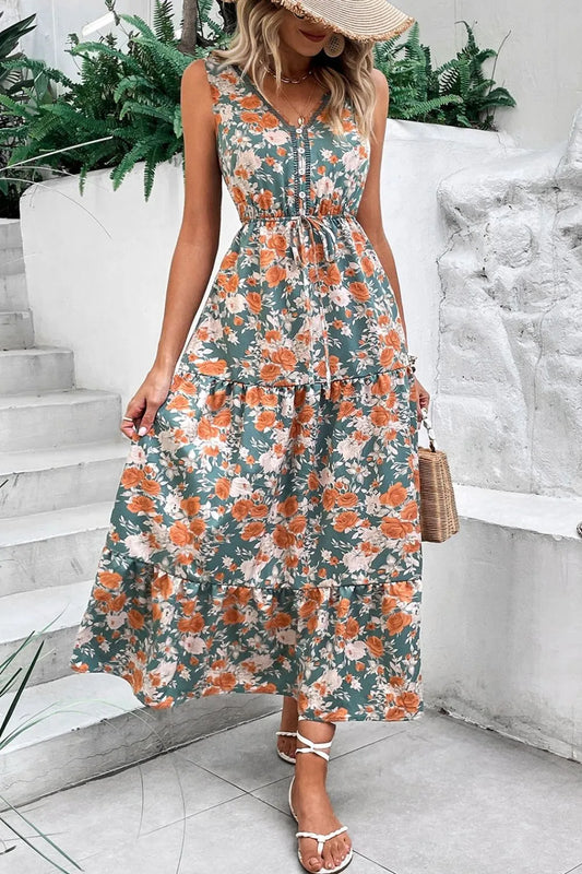Floral Print Trimmed V-Neck Tie Waist Dress - Multicolor