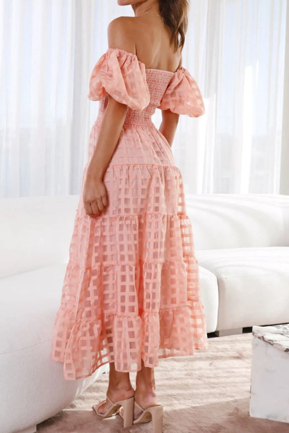 Off Shoulder Short Puff Sleeve Midi Dress -