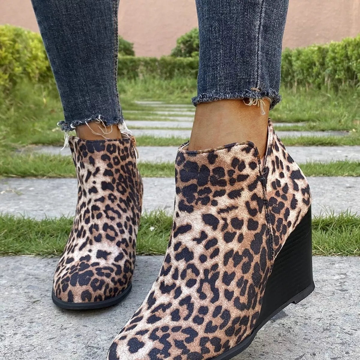 Round Toe Wedge Ankle Boots - Leopard