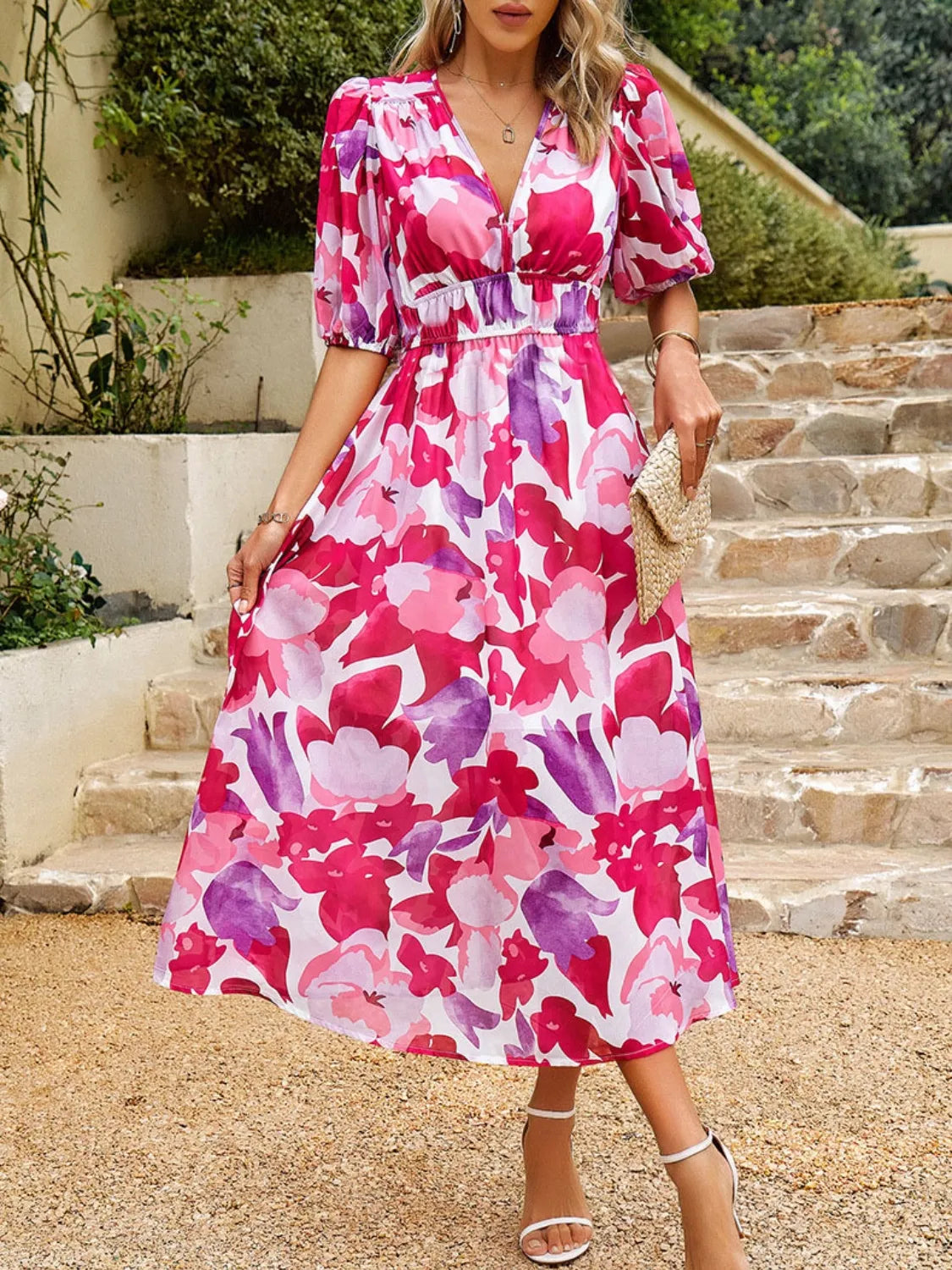 Printed Puff Sleeve Midi Dress - Hot Pink