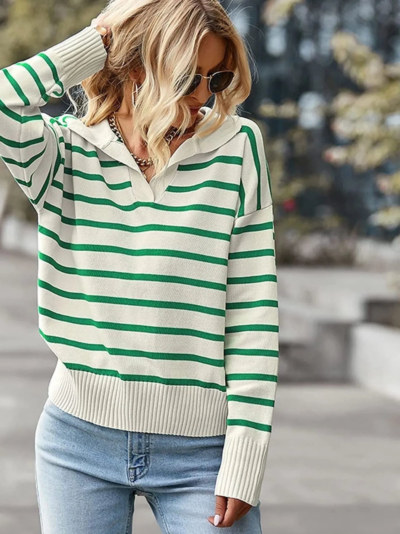 Ribbed Hem Long Sleeve Striped Sweater -