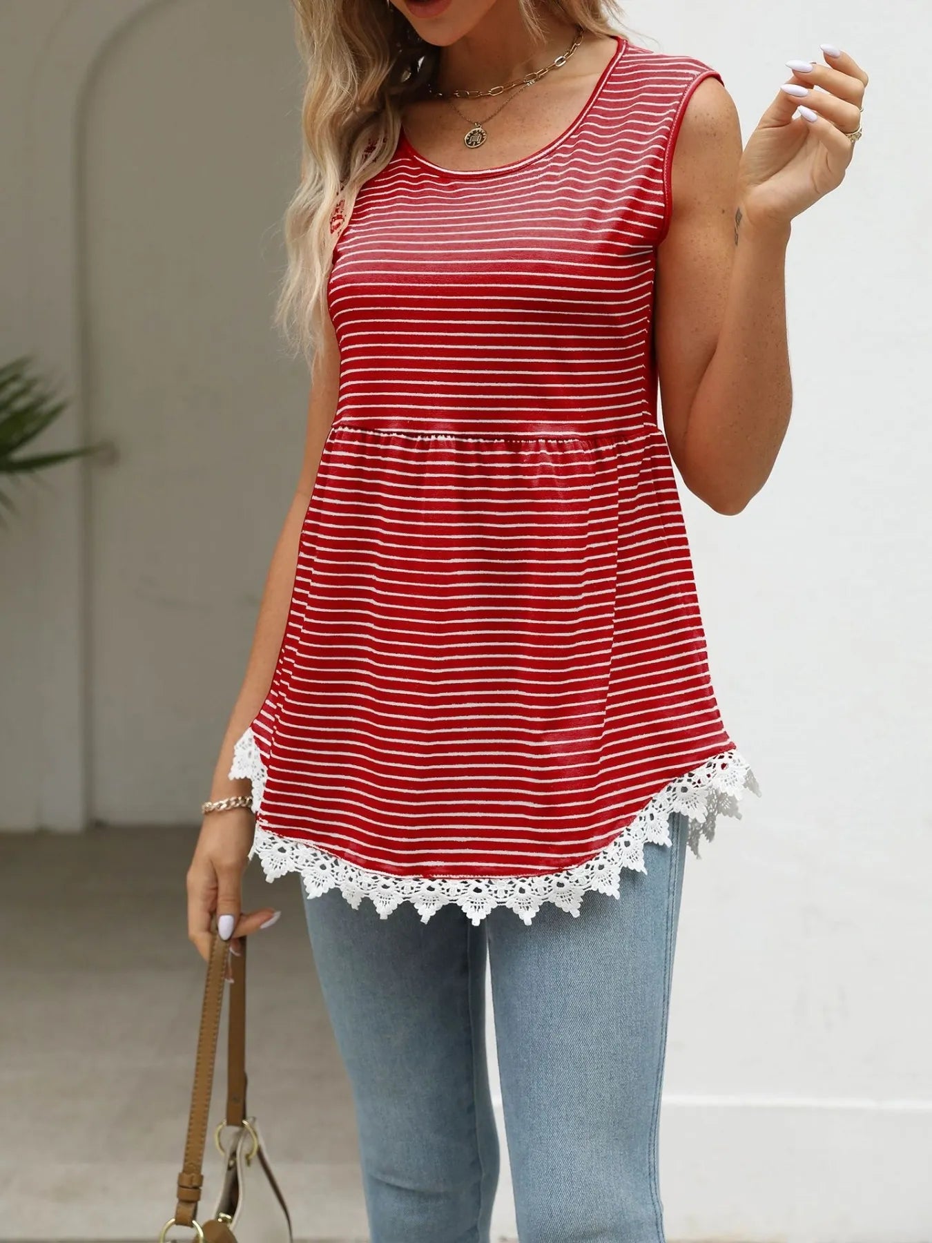 Lace Trim Sleeveless Babydoll Tank Top - Orange