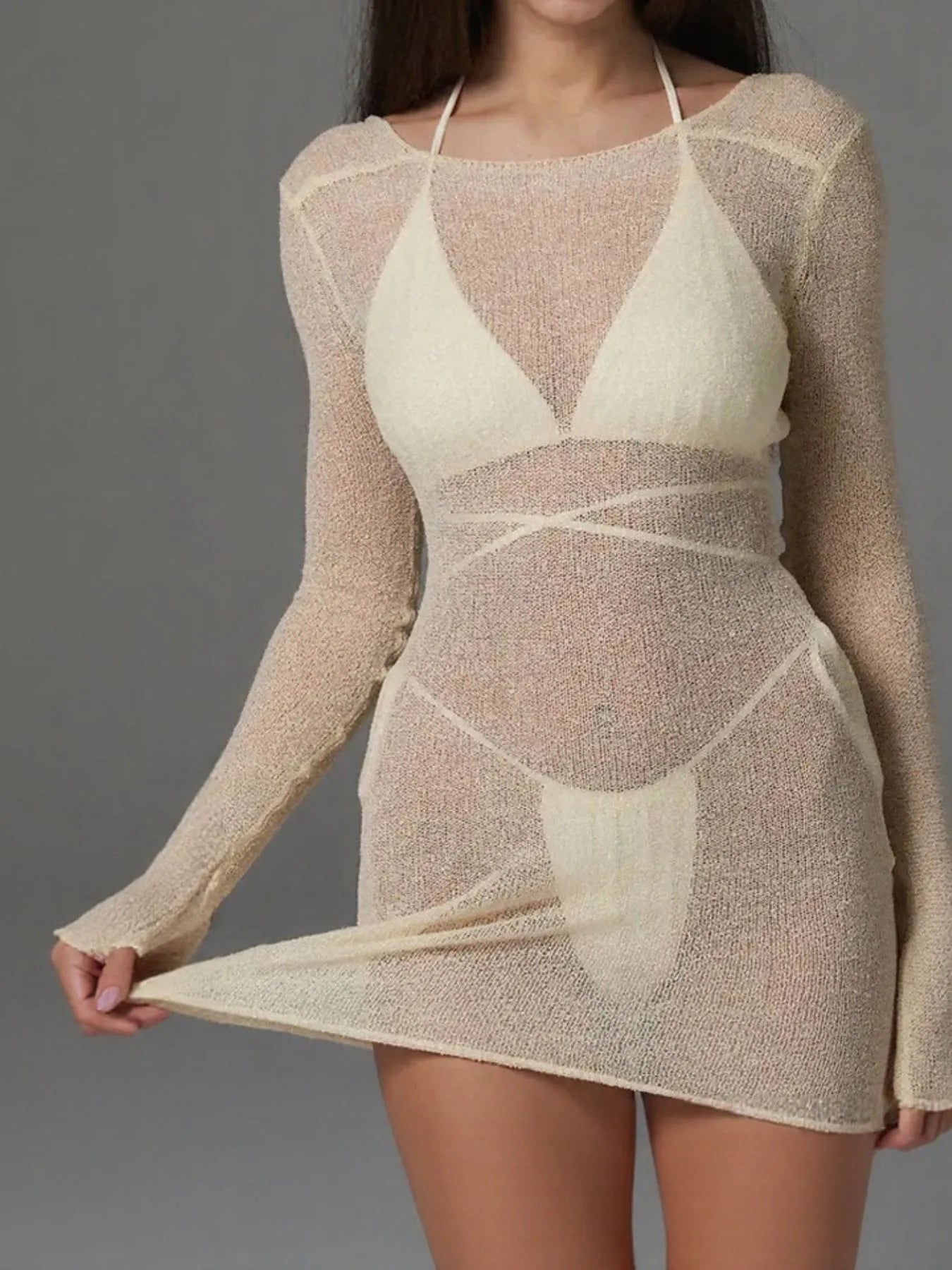 Sheer Backless Long Sleeve Mini Cover-Up Dress - Beige