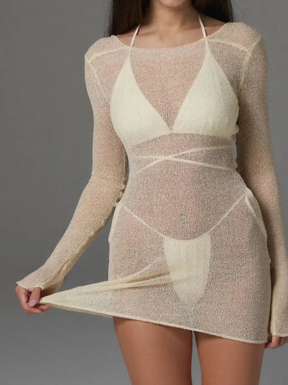 Sheer Backless Long Sleeve Mini Cover-Up Dress - Beige
