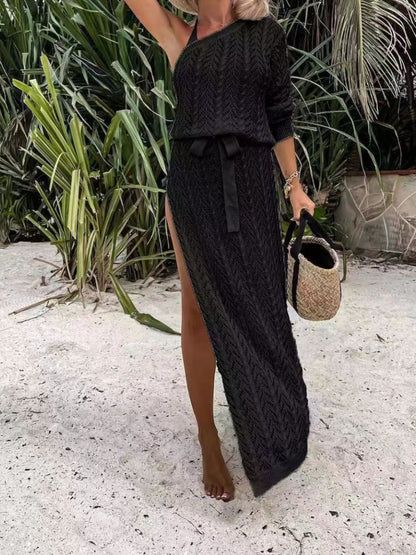 Slit Openwork Single Shoulder Knit Cover-Up Dress