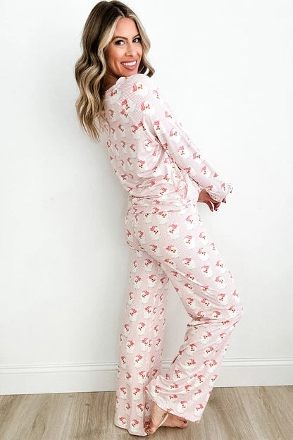 Santa Print Long Sleeve Top and Pants Lounge Set -