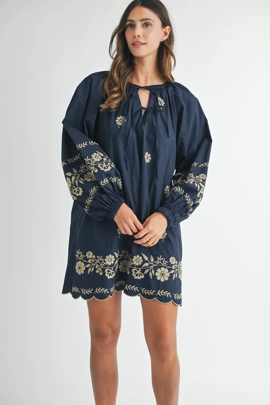 Embroidered Long Sleeve Peasant Mini Dress -
