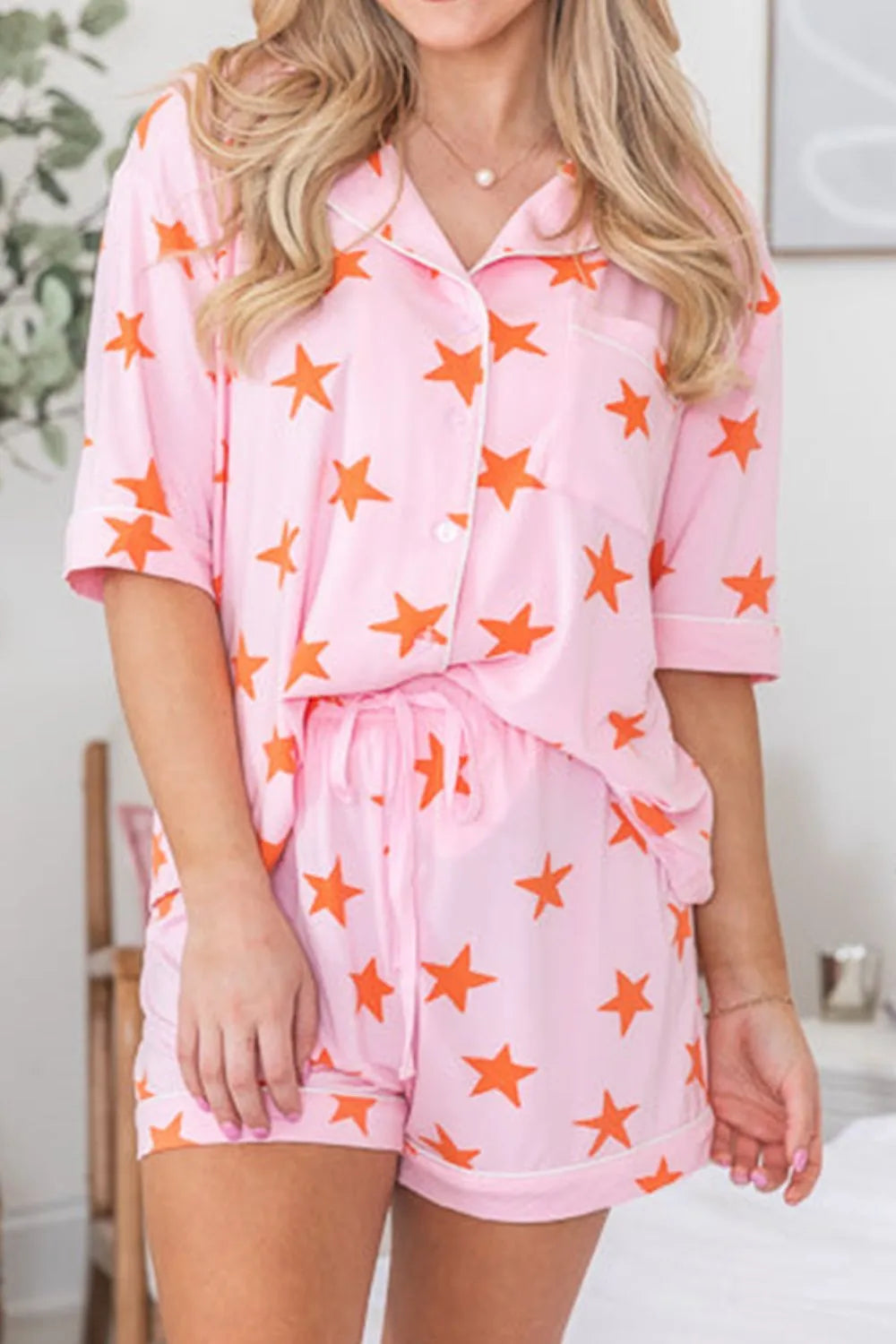Star Print Short Sleeve Shirt and Shorts Set -