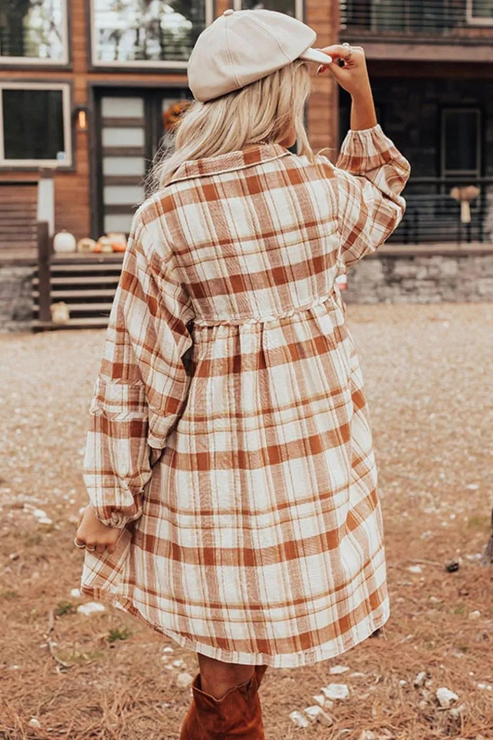 Plaid Collared Neck Long Sleeve Mini Shirt Dress -