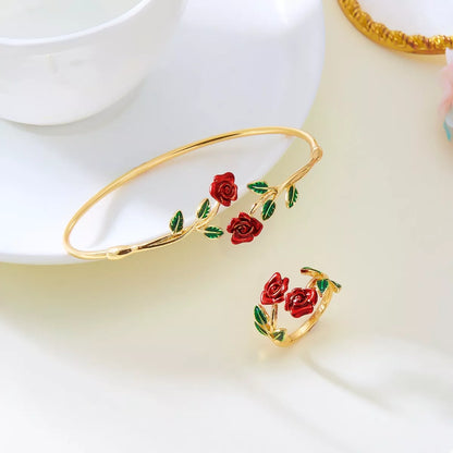 Rose Bypass Ring and Bracelet Jewelry Set -