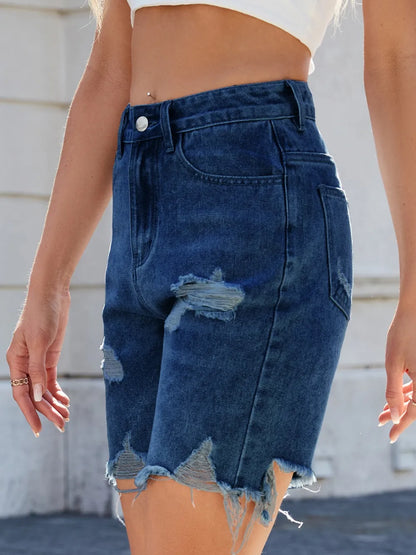 Distressed Raw Hem Denim Shorts -