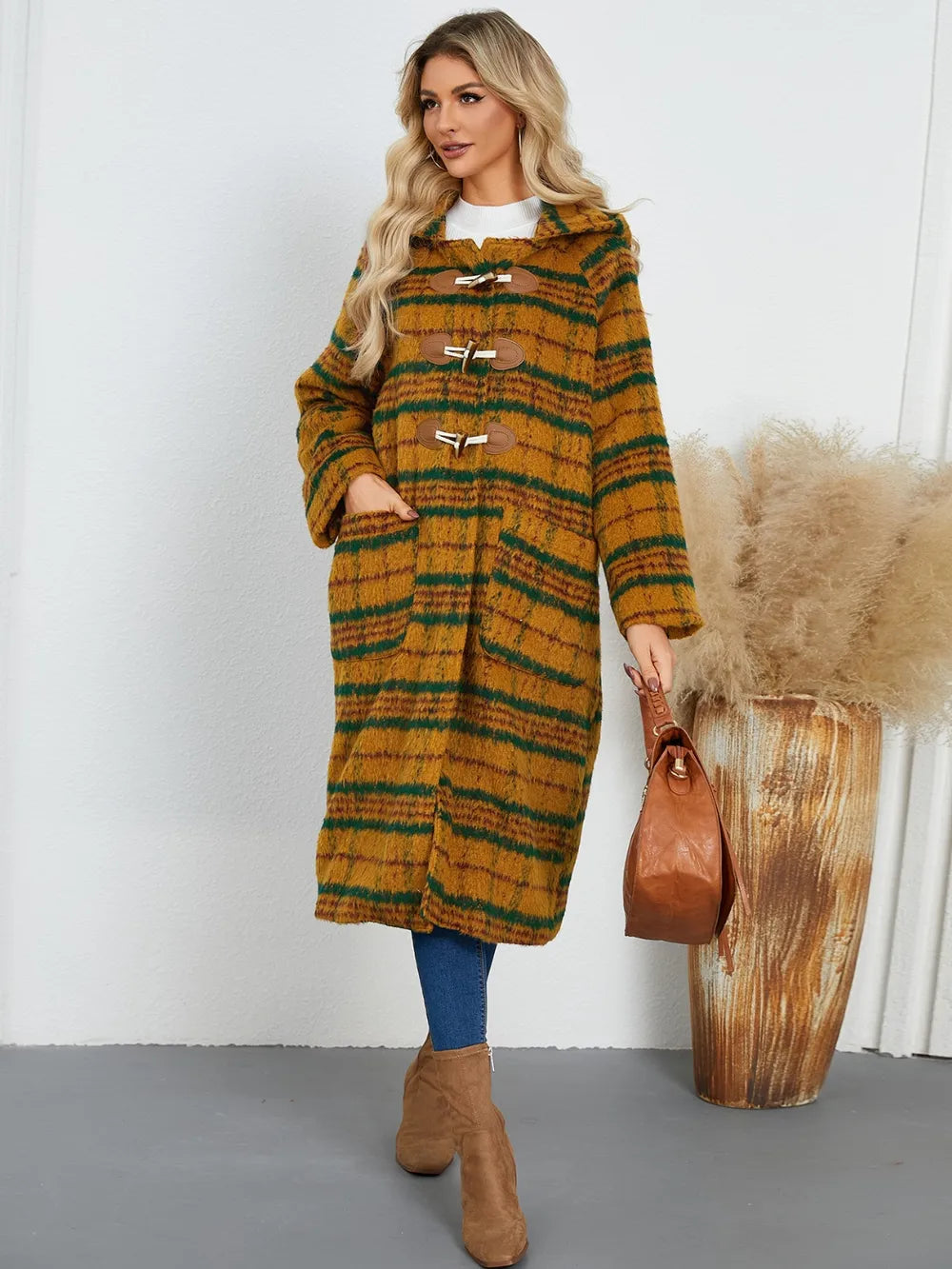 Plaid Long Sleeve Hooded Coat - Mustard