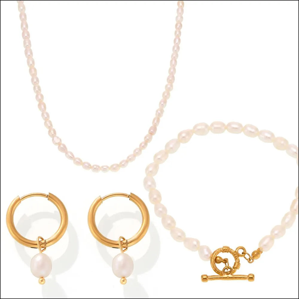 Pearl Necklace, Bracelet and Earrings 4-Piece Jewelry Set -