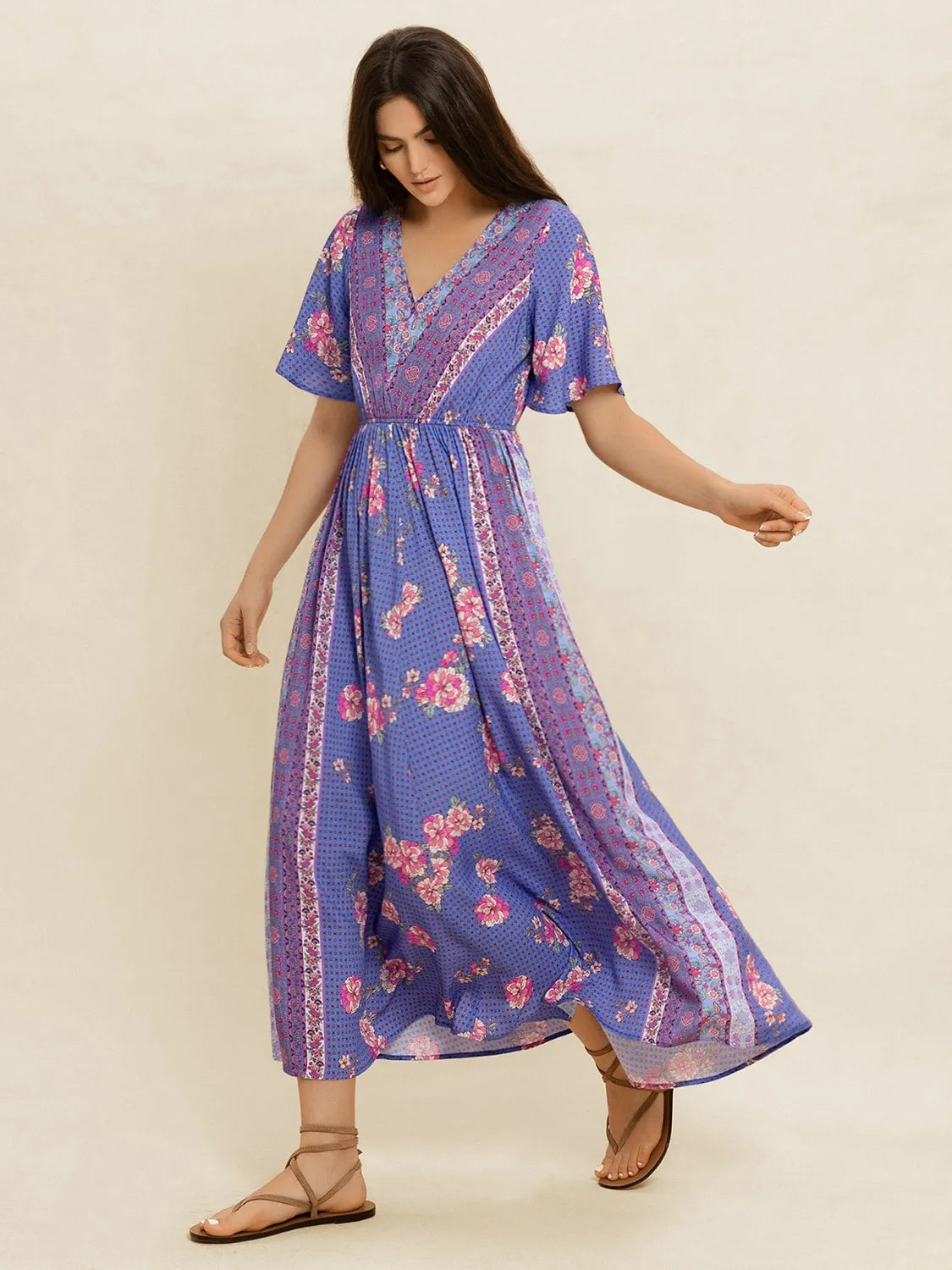 Printed Short Sleeve Midi Dress -