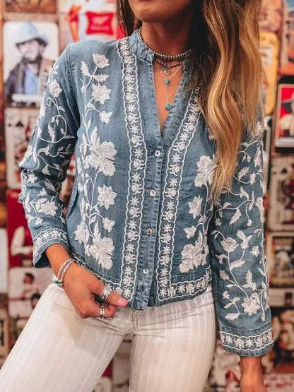 Floral Embroidered Button Up Denim Shirt -