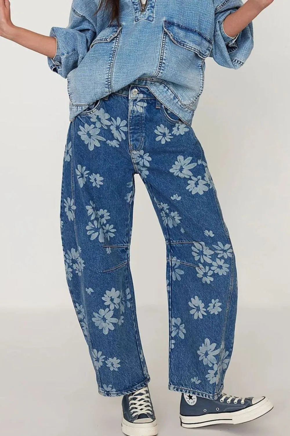 Flower Print Wide Leg Jeans -
