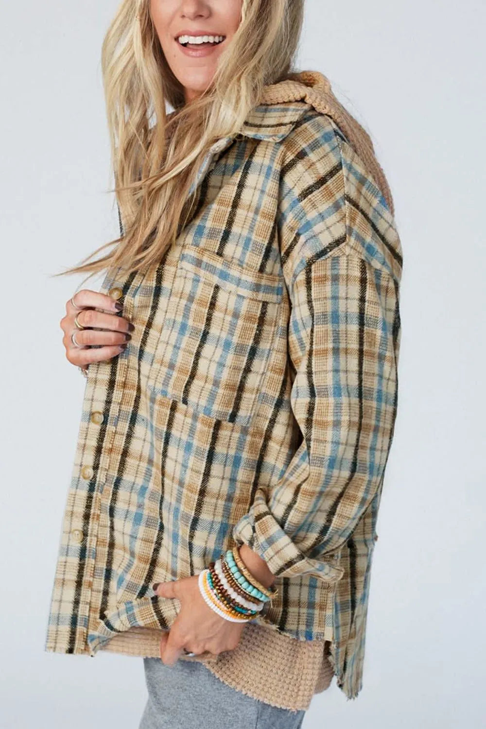 Waffle Knit Patchwork Hooded Plaid Shacket - Multicolor