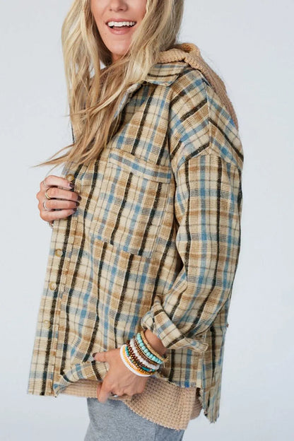 Waffle Knit Patchwork Hooded Plaid Shacket - Multicolor