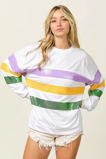 Sequin Mardi Gras Striped Round Neck Sweatshirt -