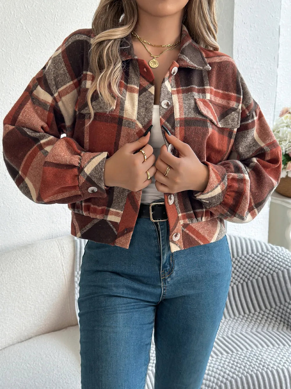 Plaid Button Up Long Sleeve Jacket - Terracotta