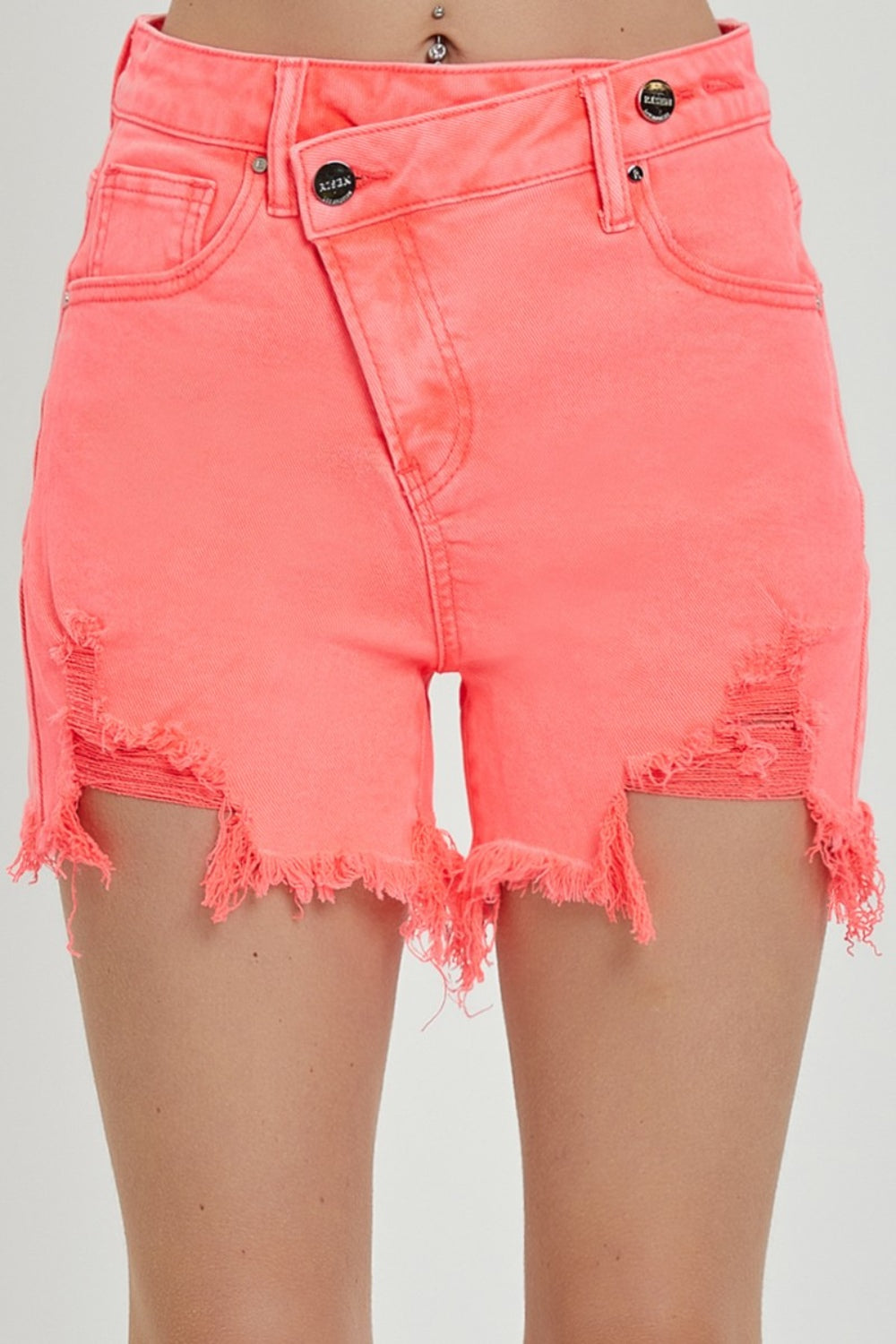 Raw Hem Asymmetrical Waist Denim Shorts - Coral Pink