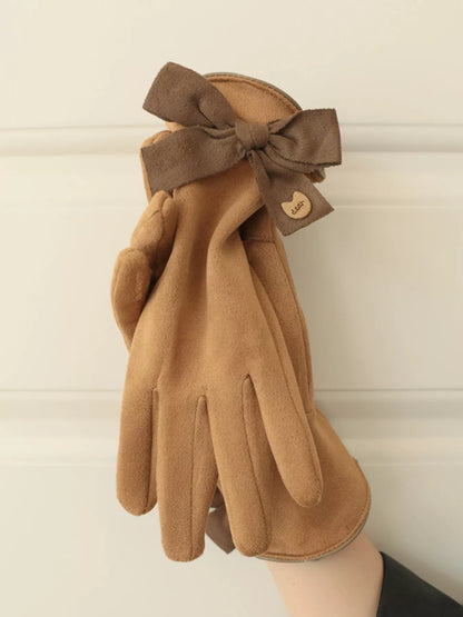 Bow-Decorated Gloves - Camel One Size