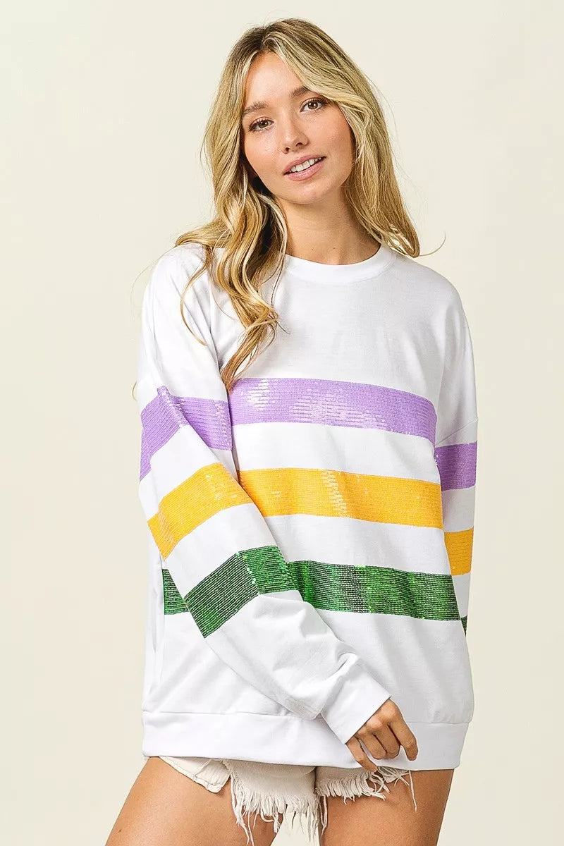 Sequin Mardi Gras Striped Round Neck Sweatshirt -