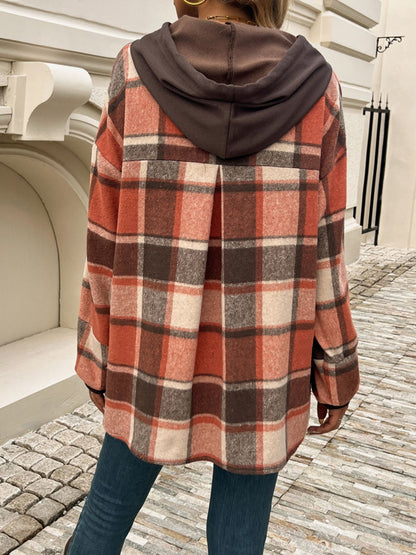 Drawstring Plaid Long Sleeve Hoodie