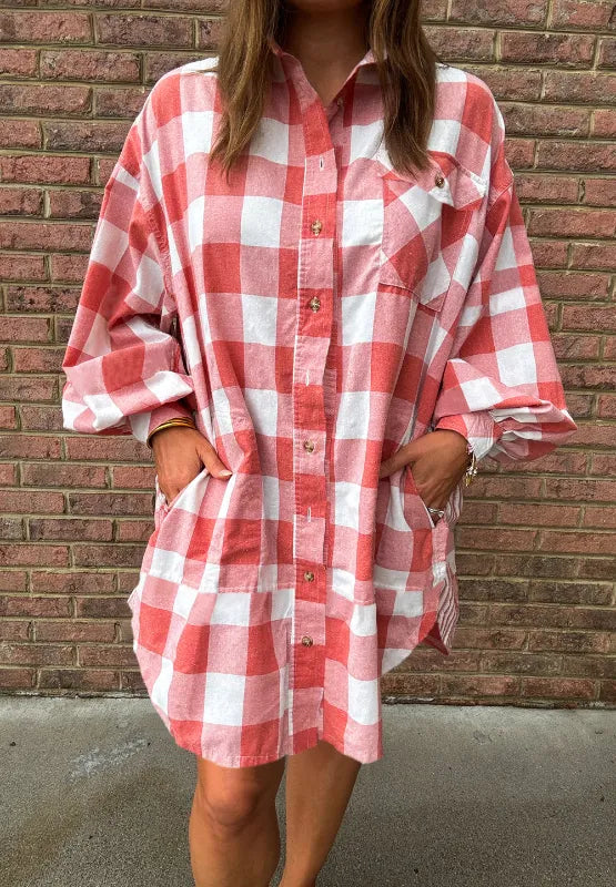 Plaid Collared Neck Long Sleeve Shirt Dress - Strawberry