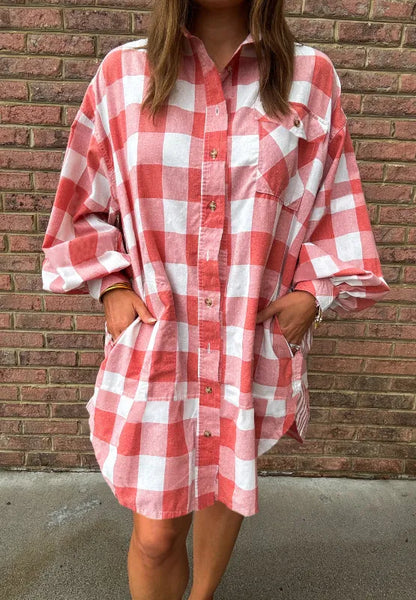 Plaid Collared Neck Long Sleeve Shirt Dress - Strawberry
