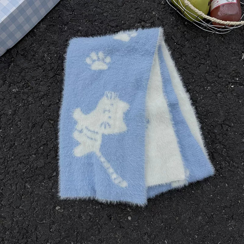Cute Cat Paw Print Plush Scarf - Light Blue One Size