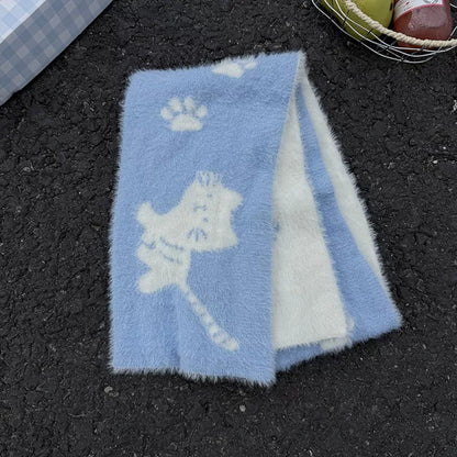 Cute Cat Paw Print Plush Scarf - Light Blue One Size