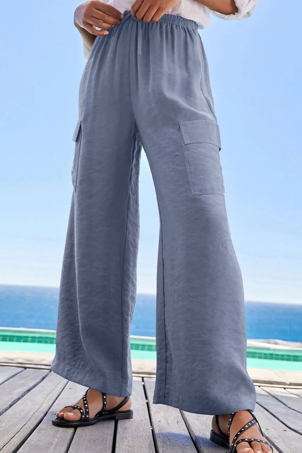 Drawstring Frilled Waist Wide Leg Utility Trousers - Dusty Blue