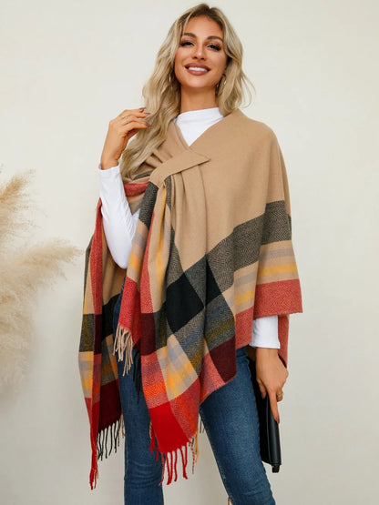 Fringe Contrast Plaid Poncho - Sherbet One Size
