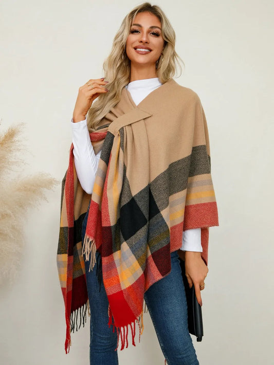 Fringe Contrast Plaid Poncho - Sherbet One Size