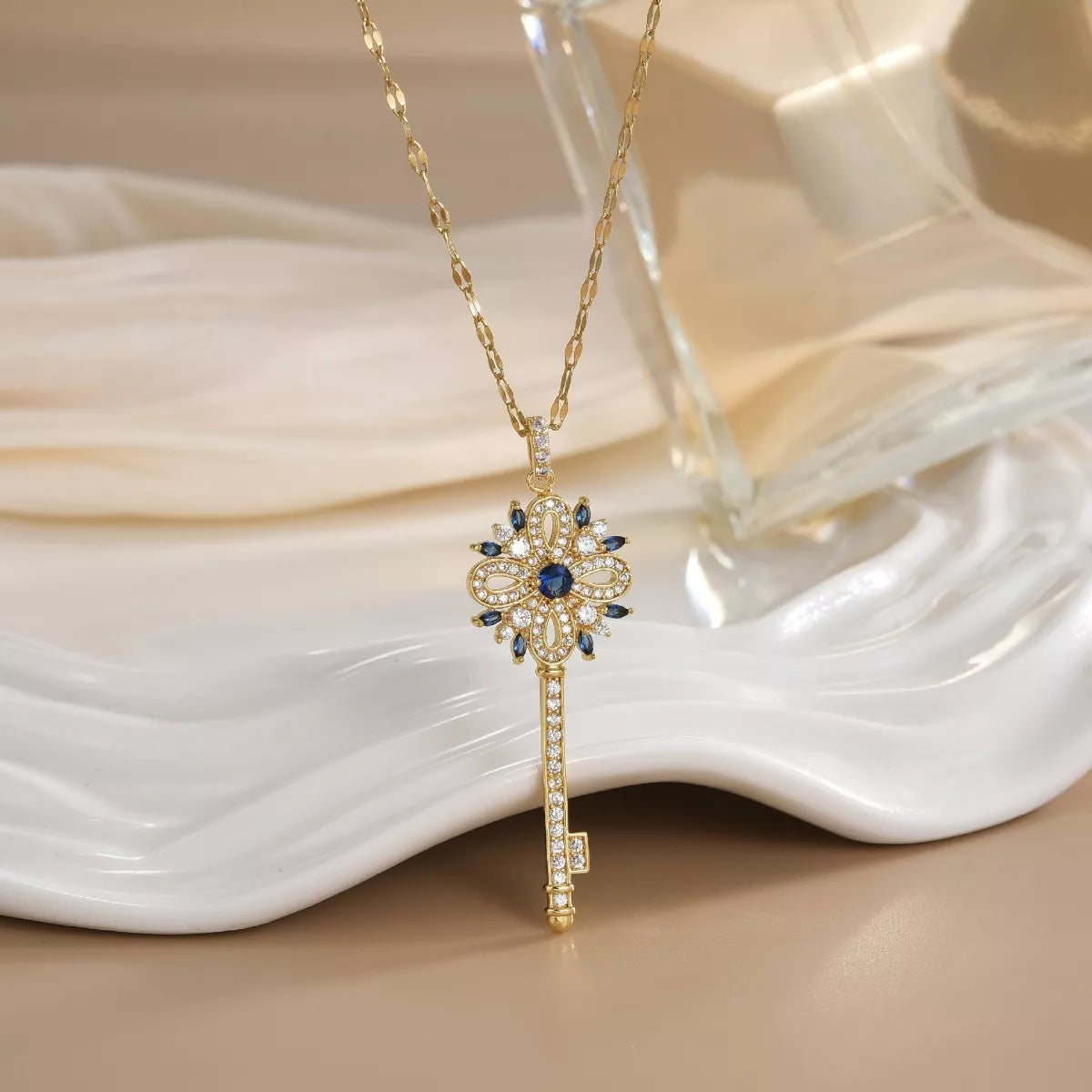 Zircon Key Pendant Necklace - Dusty Blue One Size