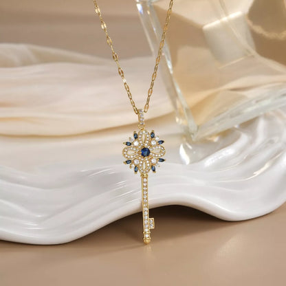 Zircon Key Pendant Necklace - Dusty Blue One Size
