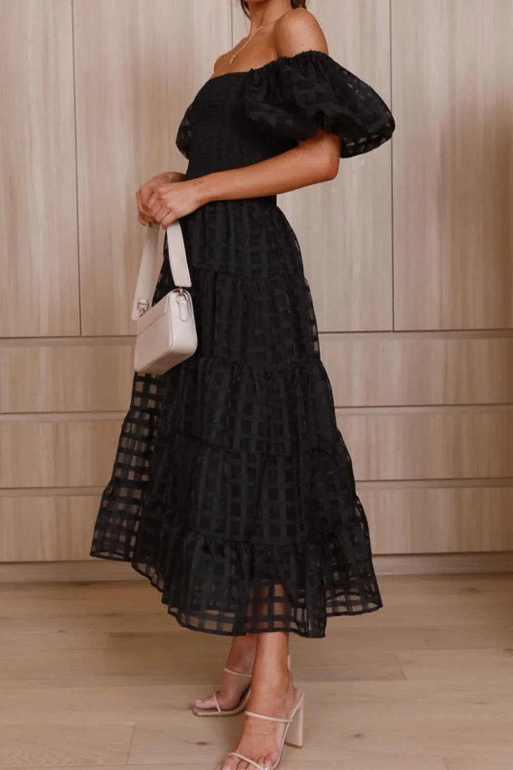 Off Shoulder Short Puff Sleeve Midi Dress -