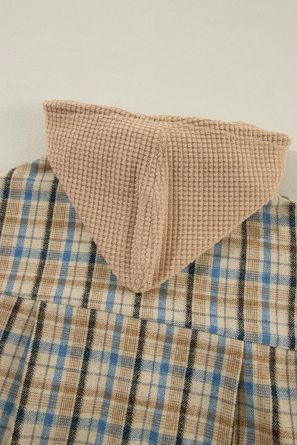 Waffle Knit Patchwork Hooded Plaid Shacket - Multicolor