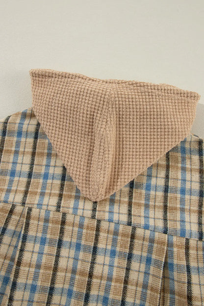 Waffle Knit Patchwork Hooded Plaid Shacket - Multicolor