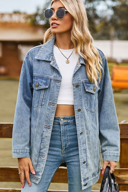 Buttoned Collared Neck Denim Jacket -