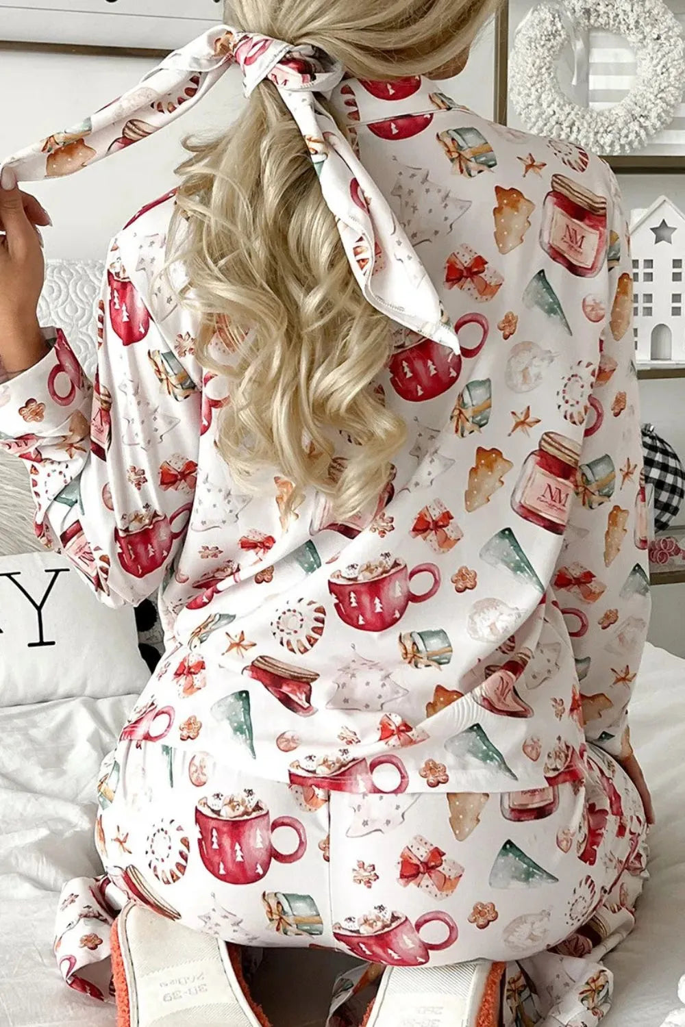 Printed Collared Neck Top and Pants Lounge Set -