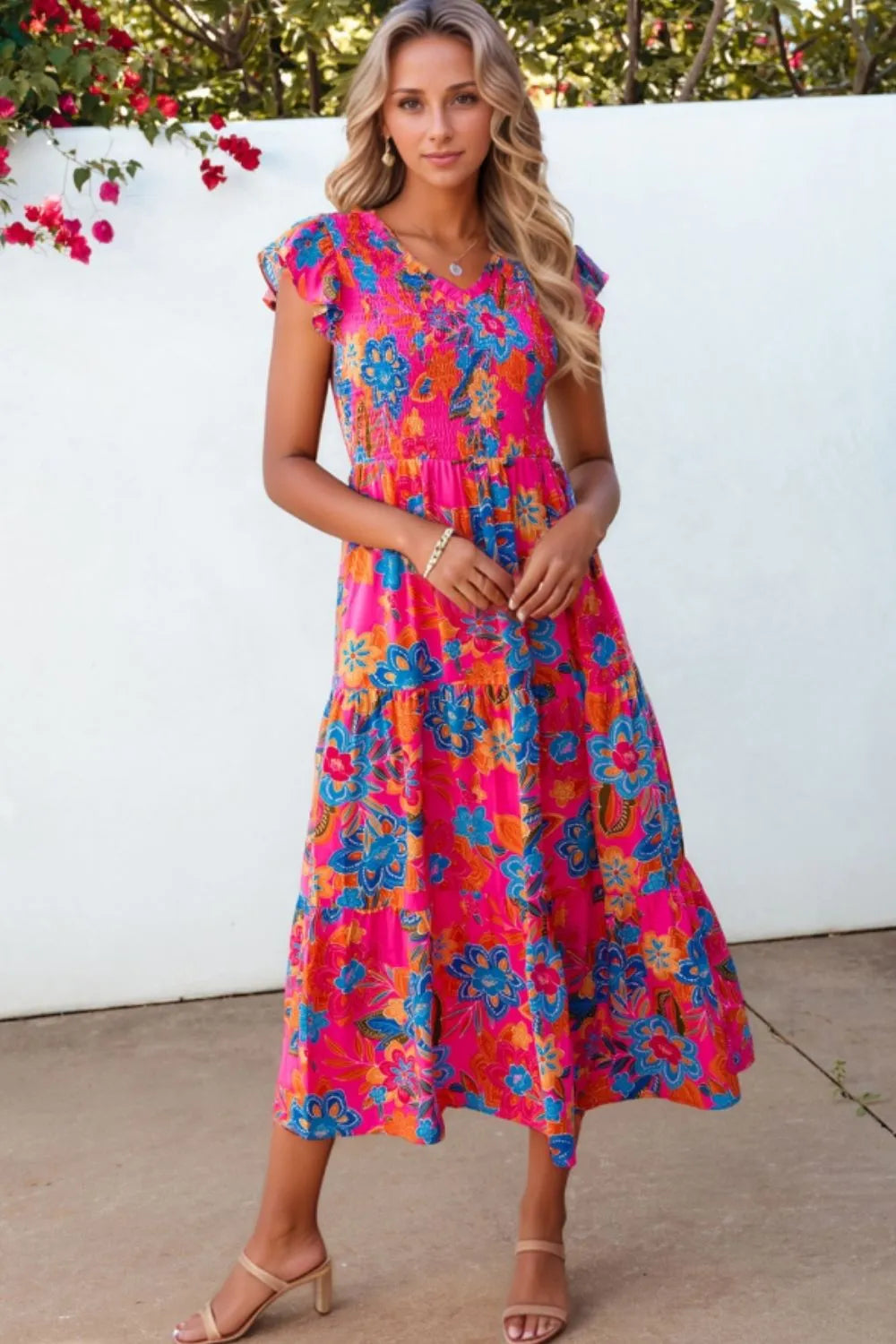 Boho Floral V-Neck Ruffle Tiered Dress -